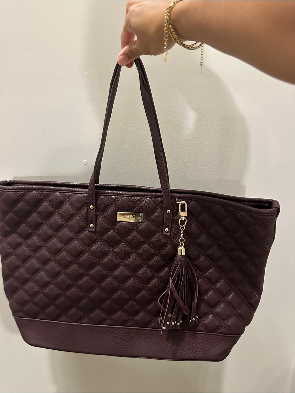 BCBG Quilted Leather Tote Bag with Tassel - Plum